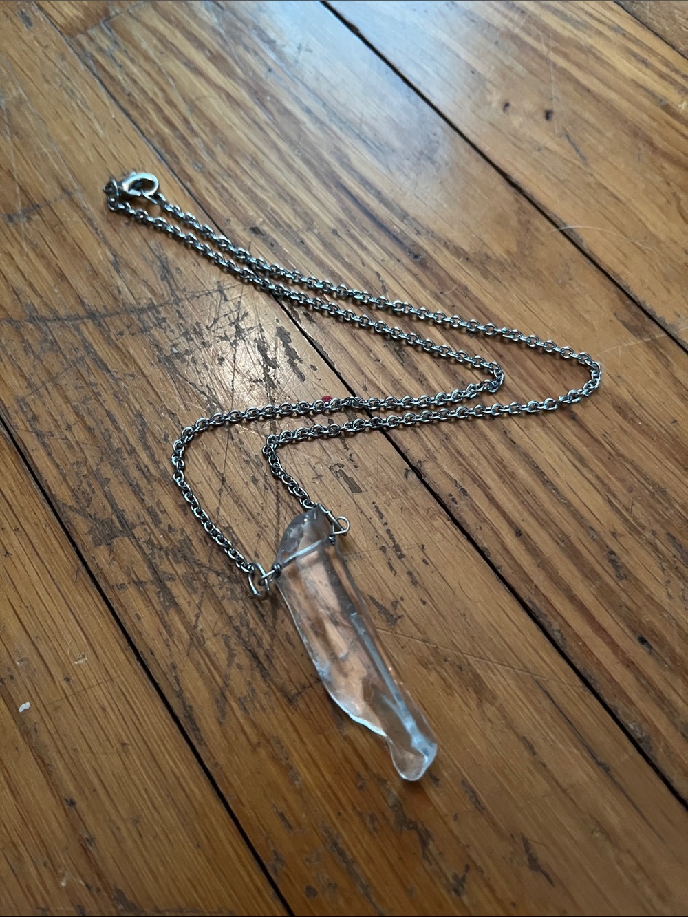 Clear Crystal Point Pendant Necklace - Stainless steel 16in Chain